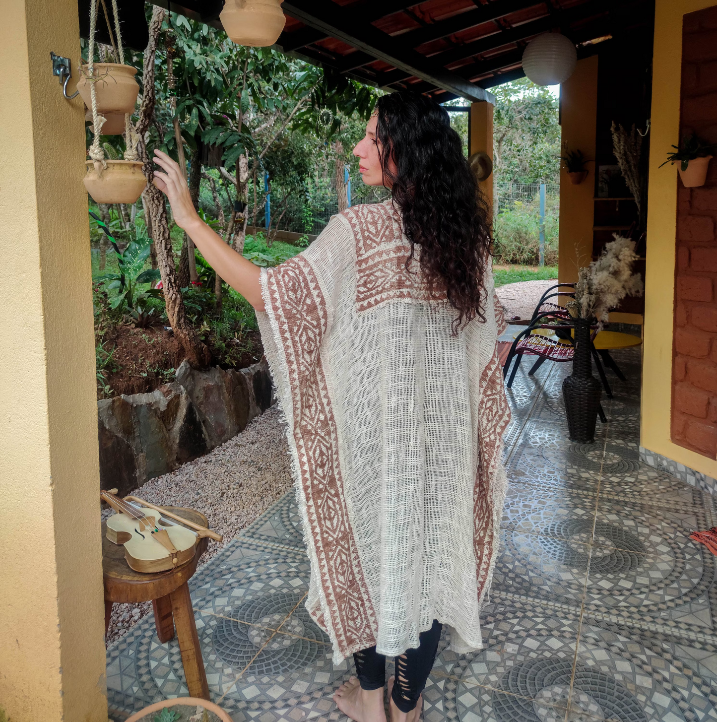 Raw cotton long poncho, free size long kimono, burning man style, block print vest, boho psy trance festival cloth, off white wrap kimono