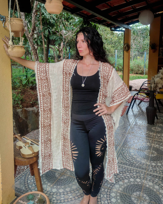 Raw cotton long poncho, free size long kimono, burning man style, block print vest, boho psy trance festival cloth, off white wrap kimono