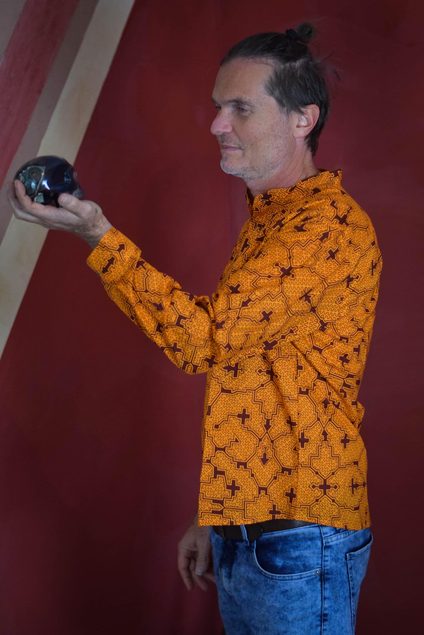 Visionary art Shipibo shirt, orange long sleeves with mandarin collar, Sacred Geometry, Ayahuasca clothes, psychedelic clothes