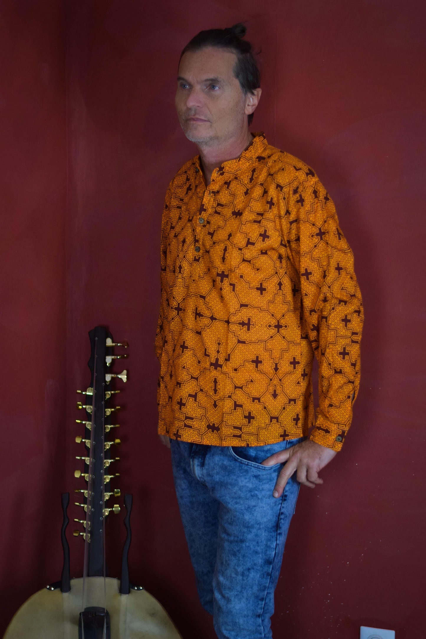 Visionary art Shipibo shirt, orange long sleeves with mandarin collar, Sacred Geometry, Ayahuasca clothes, psychedelic clothes