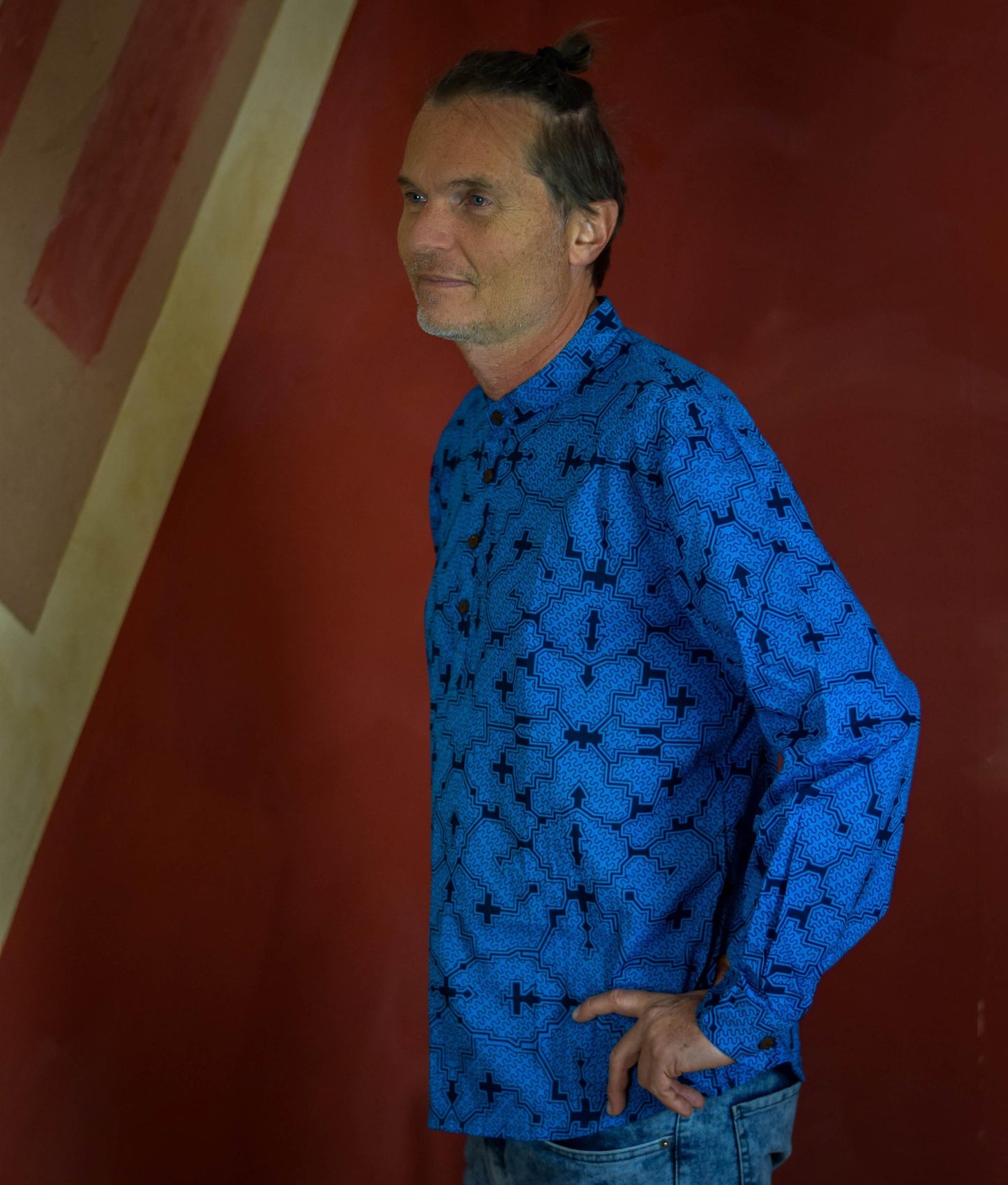 Visionary art Shipibo blue shirt, long sleeves and mandarin collar, Sacred Geometry, Ayahuasca clothes, Psychedelic Clothes