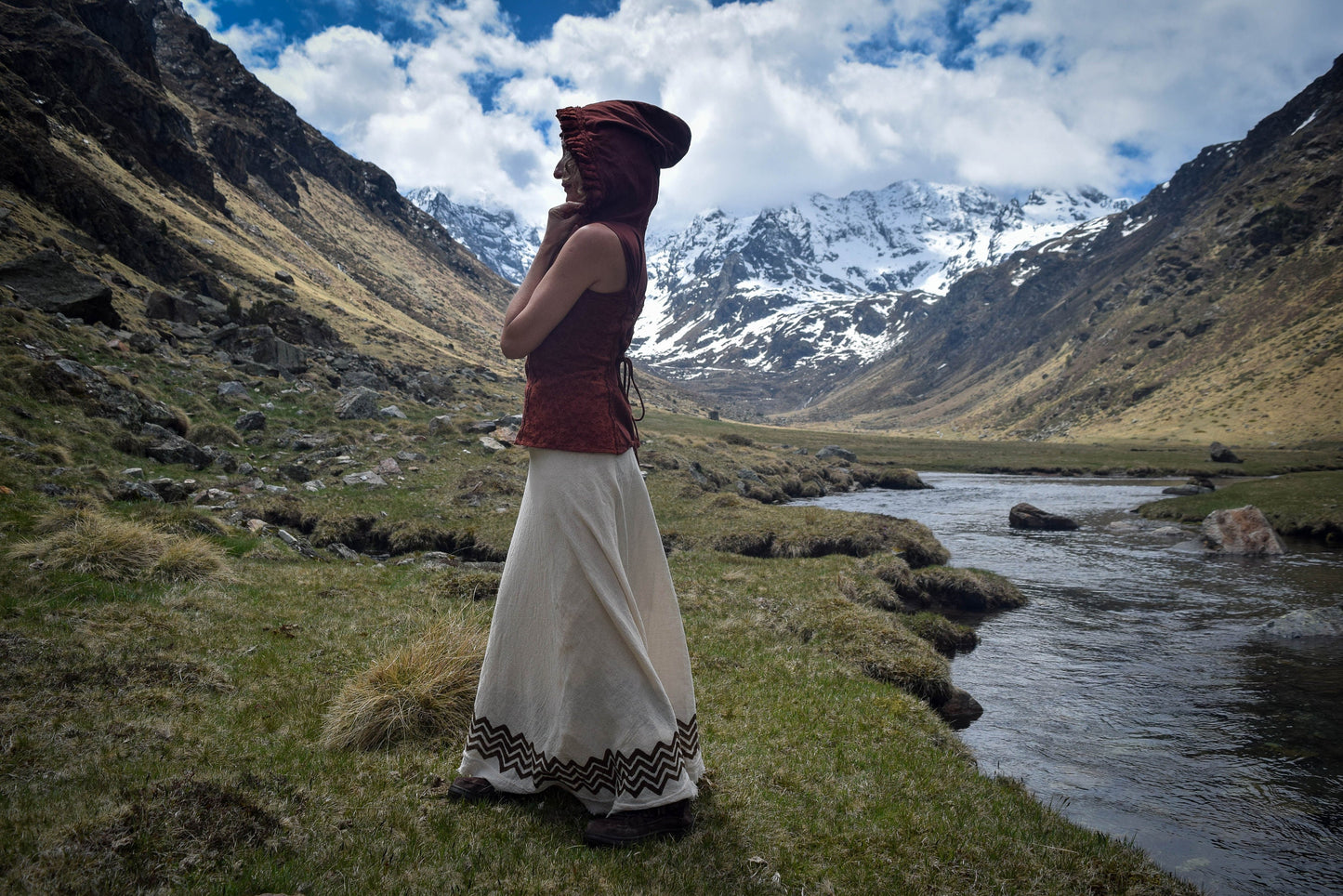 Shamanic wrap around long skirt in rustic cotton with block print designs, medieval Wicca skirts