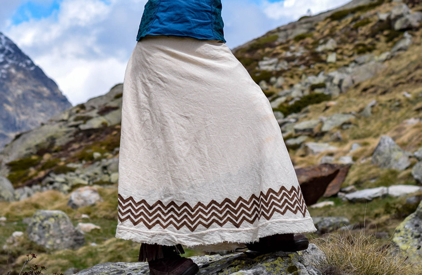 Shamanic wrap around long skirt in rustic cotton with block print designs, medieval Wicca skirts