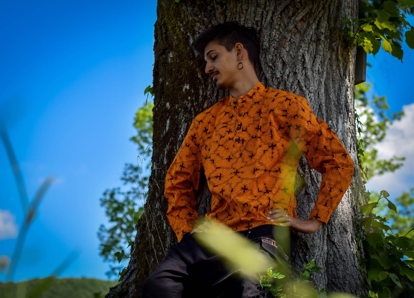 Visionary art Shipibo shirt, orange long sleeves with mandarin collar, Sacred Geometry, Ayahuasca clothes, psychedelic clothes