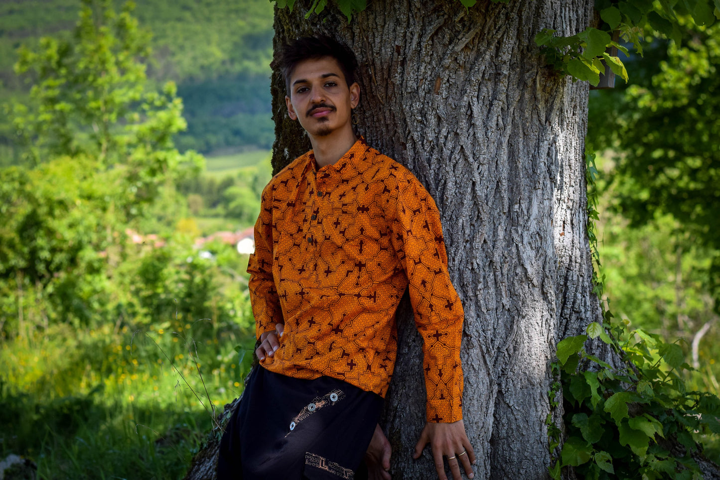 Visionary art Shipibo shirt, orange long sleeves with mandarin collar, Sacred Geometry, Ayahuasca clothes, psychedelic clothes