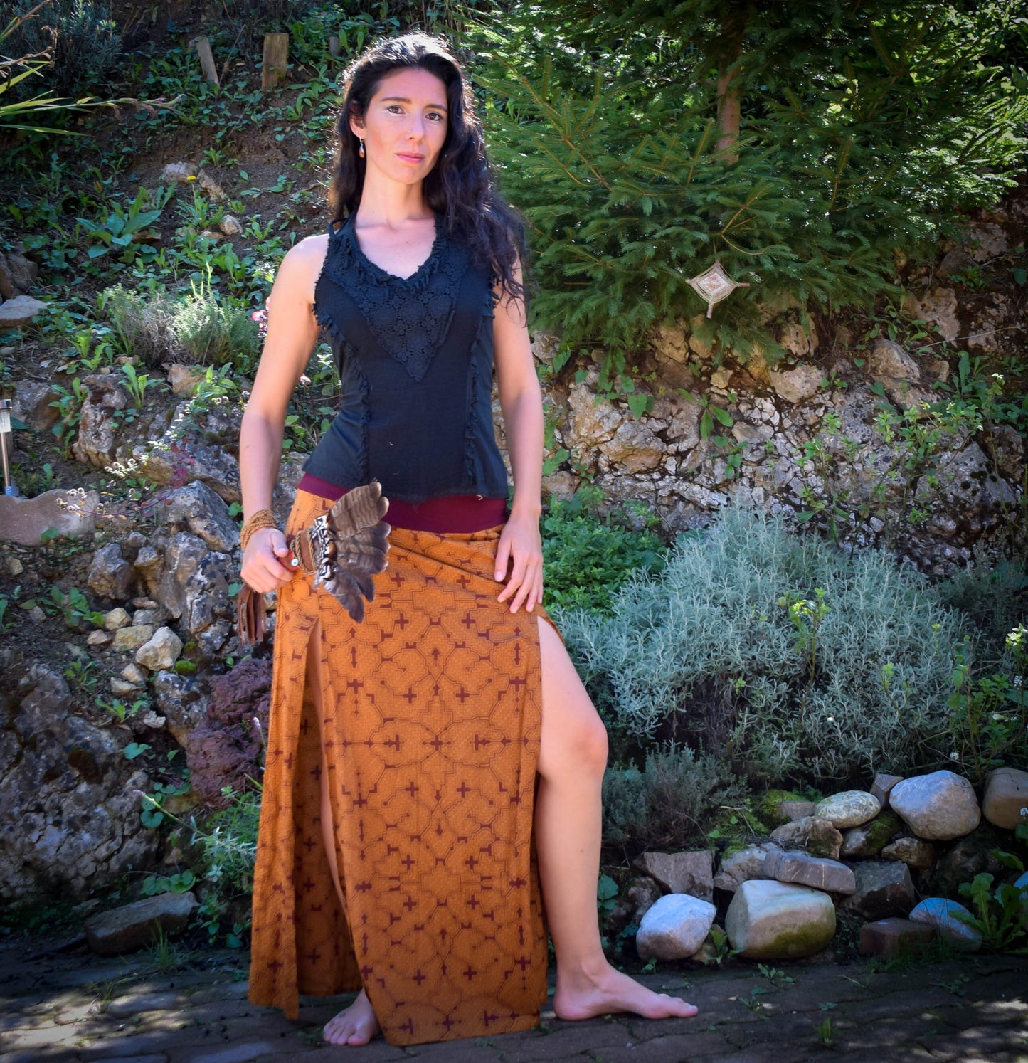 Warrior Double Split Maxi skirt, Shamanic Shipibo long skirt, medieval bohemian skirt, Ayahuasca skirt, psychedelic skirt