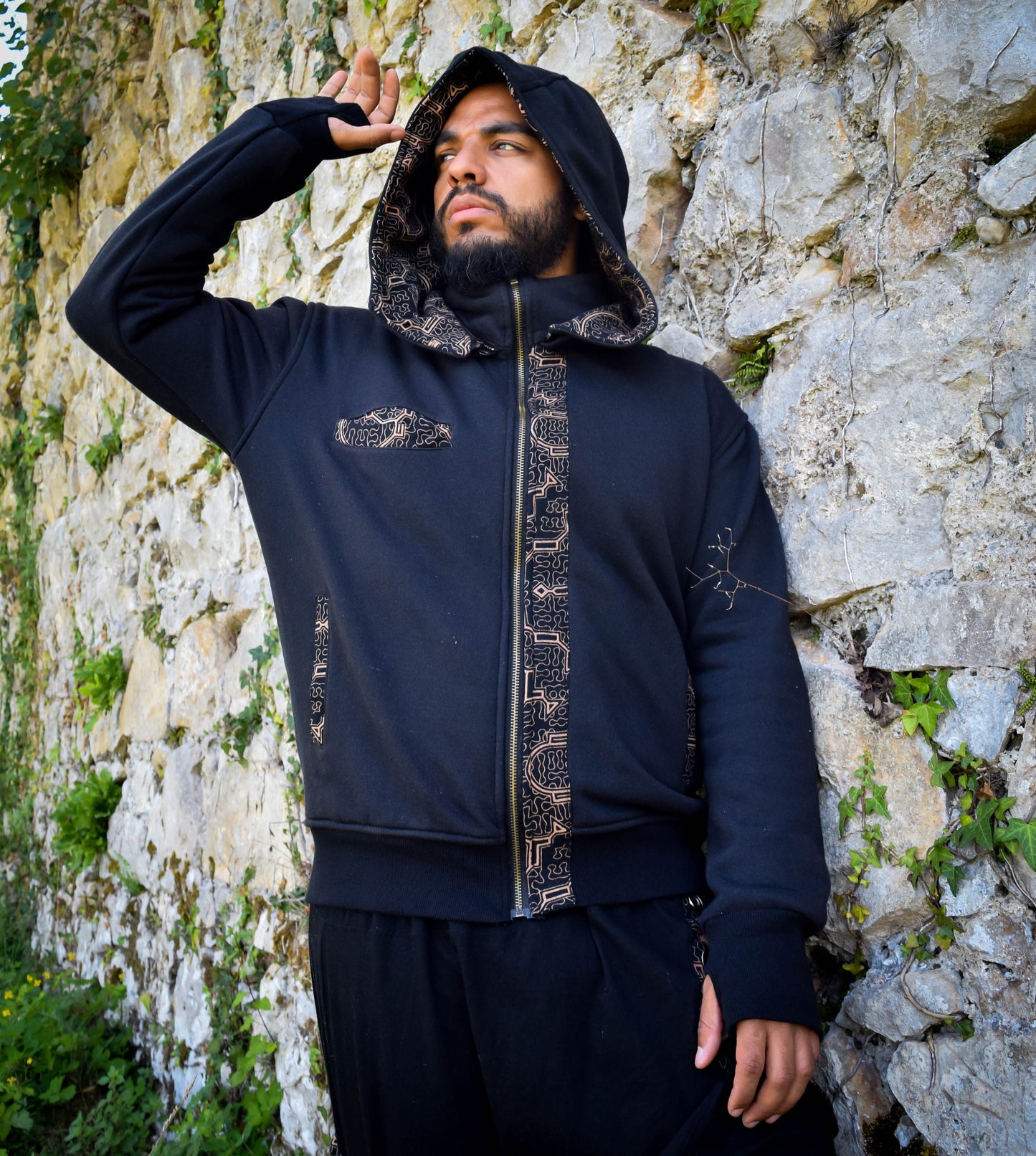 Black shipibo hooded jacket, Ayahuasca pullover sweatshirt, sacred geometry Psychedelic hoodie