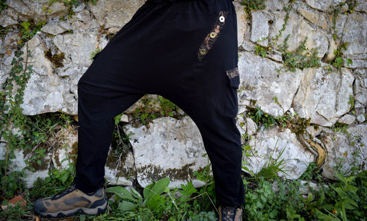 Shipibo black harem men pants, Ayahuasca trousers, sacred geometry Psychedelic Clothes, warm pants