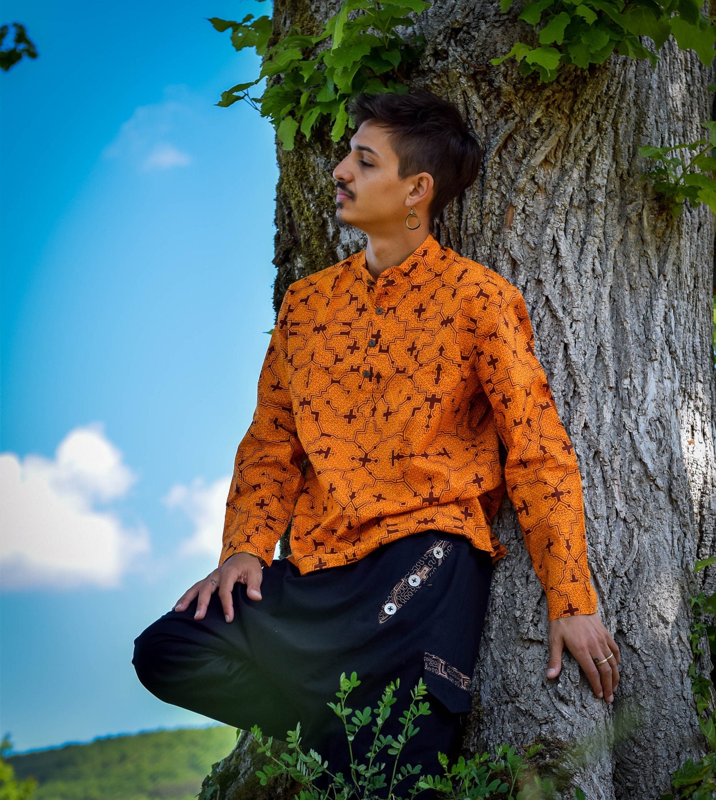 Visionary art Shipibo shirt, orange long sleeves with mandarin collar, Sacred Geometry, Ayahuasca clothes, psychedelic clothes