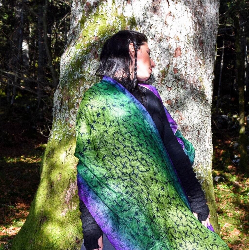 Shipibo silk blend scarf, Modal silk shawl, Hand Painted scarf, soft scarf, Ayahuasca sacred geometry scarves