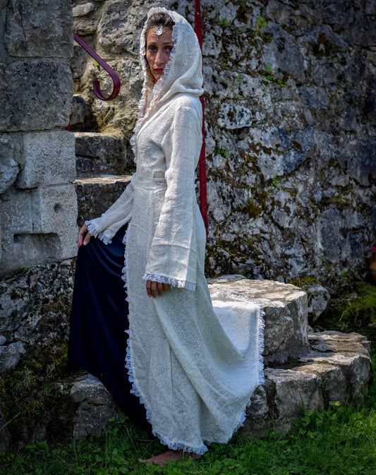 Elven Fairy long dressing, Wicca medieval hooded white long vest cape, boho psy trance festival clothes, goddess wearing