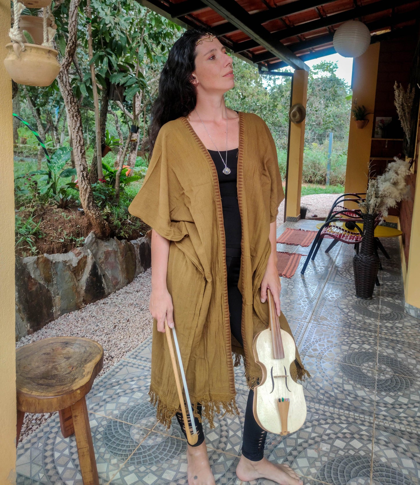 masala light brown Raw cotton long poncho kimono, free size long dressing vest with fringes on the back, boho psy trance festival cloth