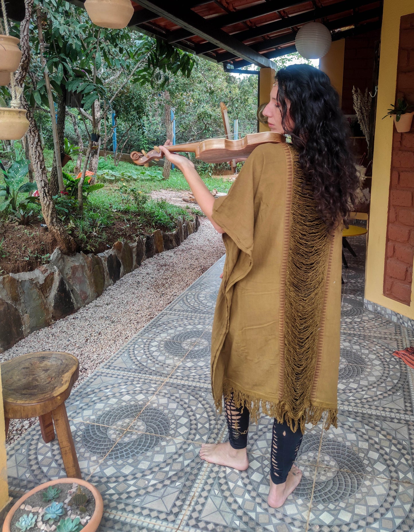 masala light brown Raw cotton long poncho kimono, free size long dressing vest with fringes on the back, boho psy trance festival cloth