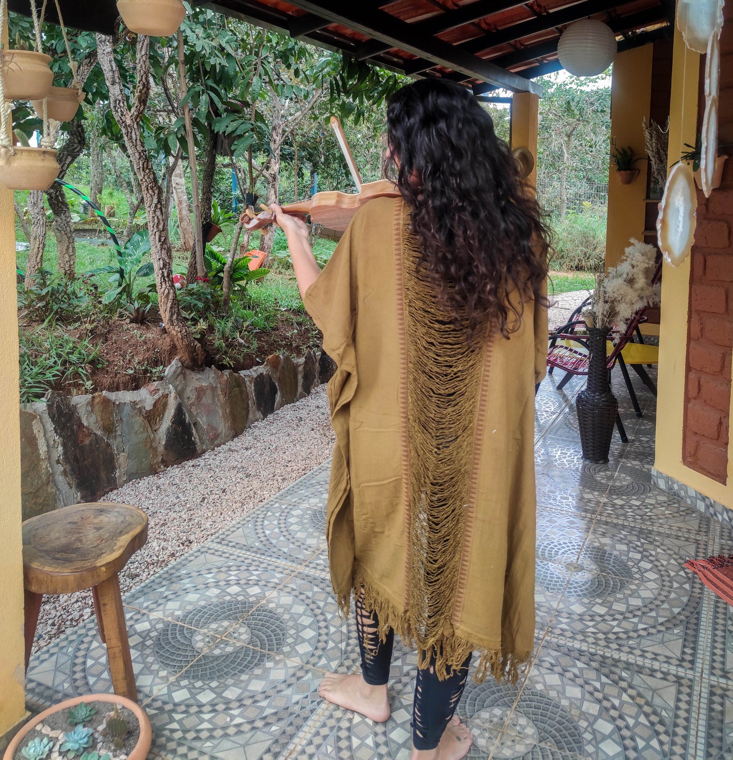 masala light brown Raw cotton long poncho kimono, free size long dressing vest with fringes on the back, boho psy trance festival cloth