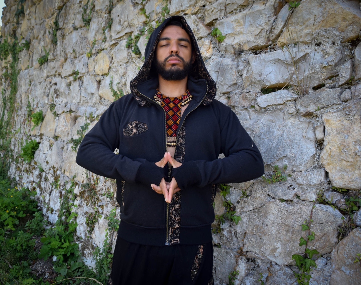 Black shipibo hooded jacket, Ayahuasca pullover sweatshirt, sacred geometry Psychedelic hoodie