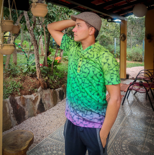 100% cotton green t-shirt featuring mesmerizing Sacred Geometry Shipibo art – where comfort meets mysticism."