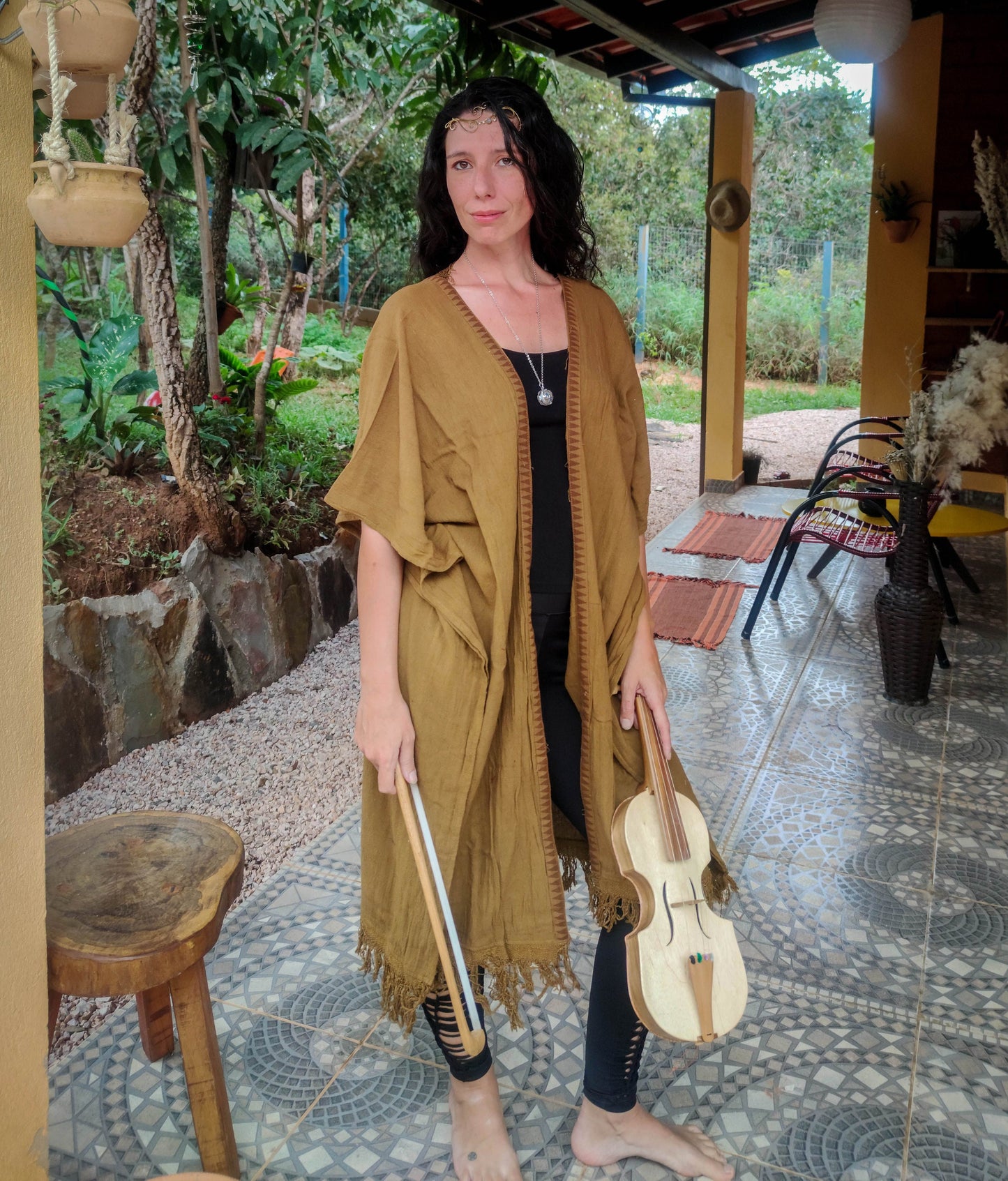 masala light brown Raw cotton long poncho kimono, free size long dressing vest with fringes on the back, boho psy trance festival cloth