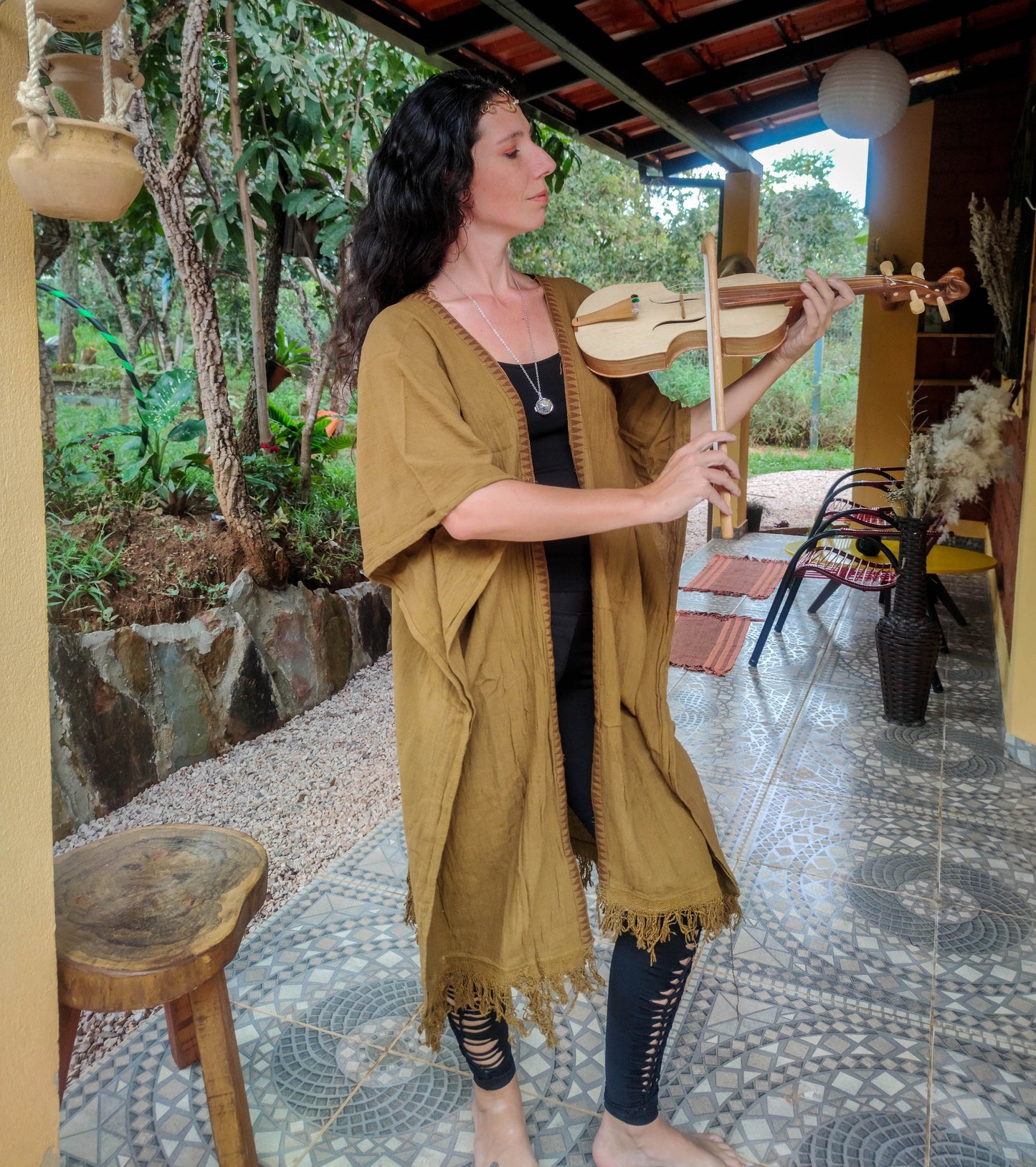 masala light brown Raw cotton long poncho kimono, free size long dressing vest with fringes on the back, boho psy trance festival cloth