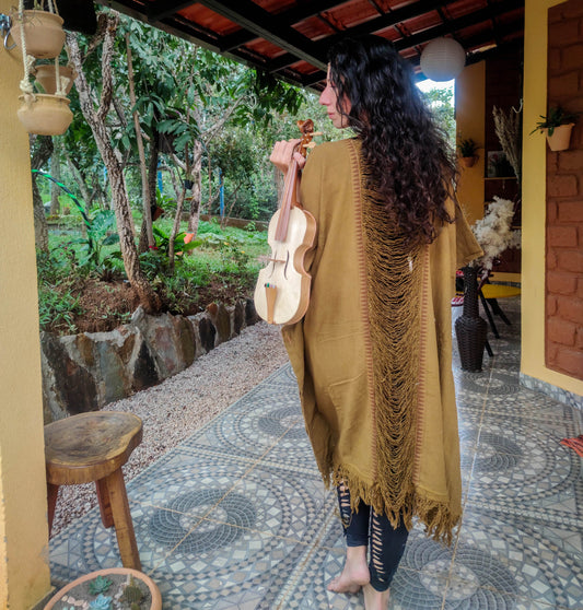 masala light brown Raw cotton long poncho kimono, free size long dressing vest with fringes on the back, boho psy trance festival cloth