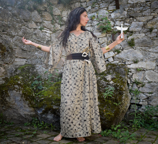 Wicca Witch dress, Shipibo comfort loose dress with belt, sacred feminine ayahuasca dress