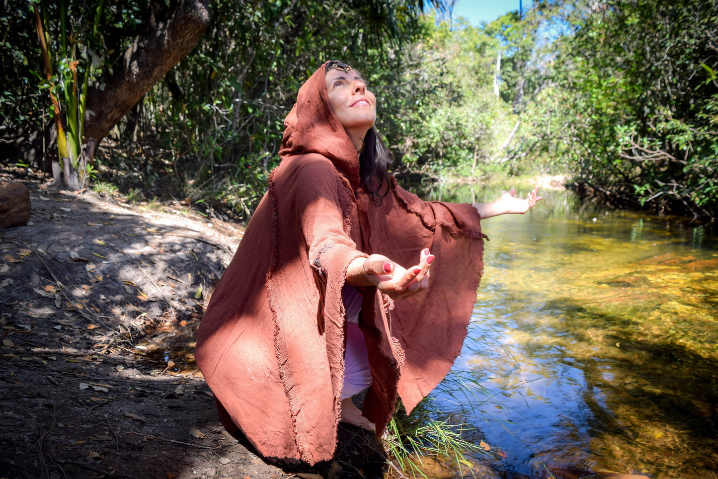 Elven Fairy medieval hooded cape, Wicca terracotta hooded midi vest cape, boho psy trance festival clothes, goddess wearing