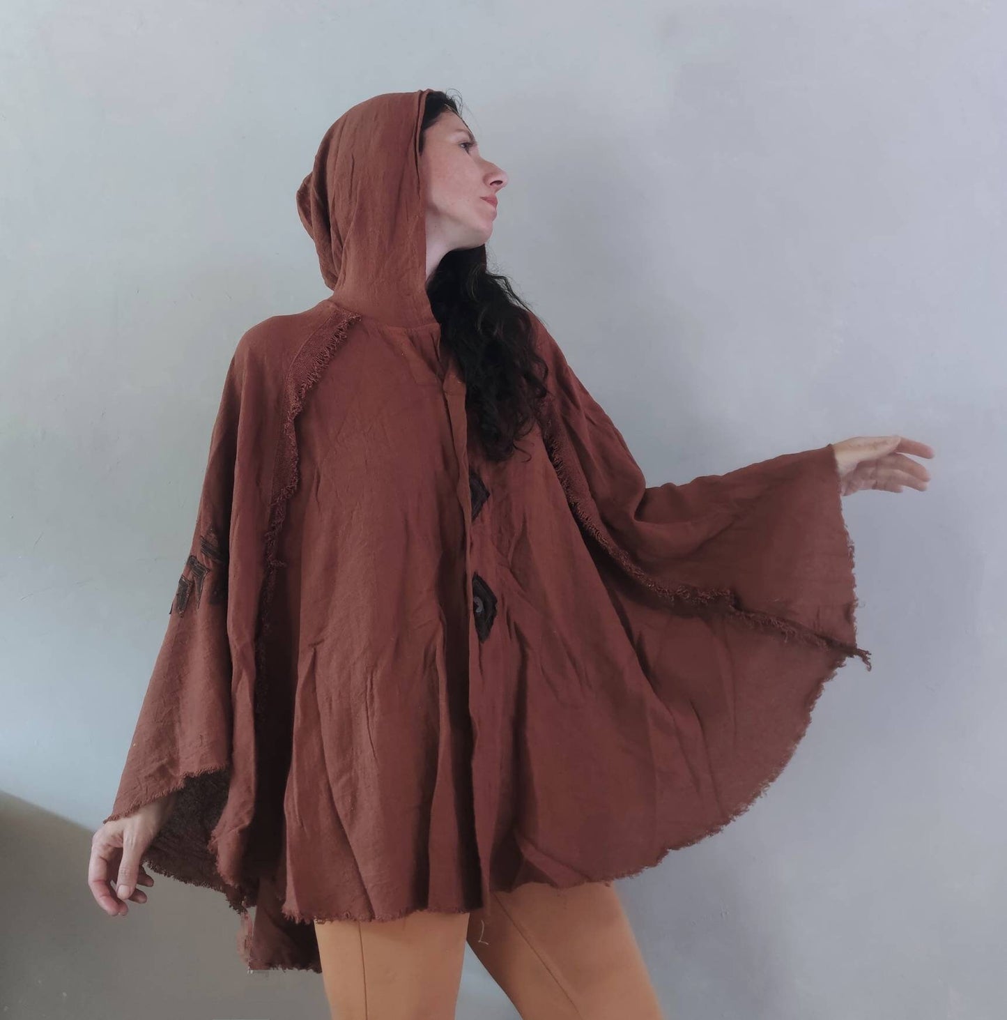 Elven Fairy medieval hooded cape, Wicca terracotta hooded midi vest cape, boho psy trance festival clothes, goddess wearing