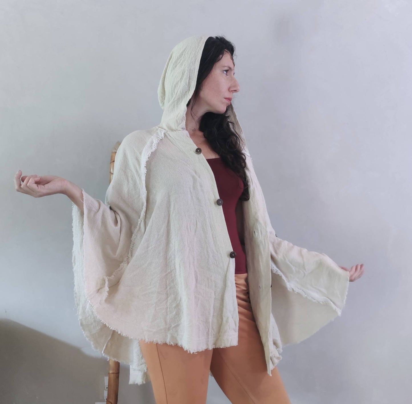 Elven Fairy medieval hooded cape, Wicca beige hooded midi vest cape, boho psy trance festival clothes, goddess wearing