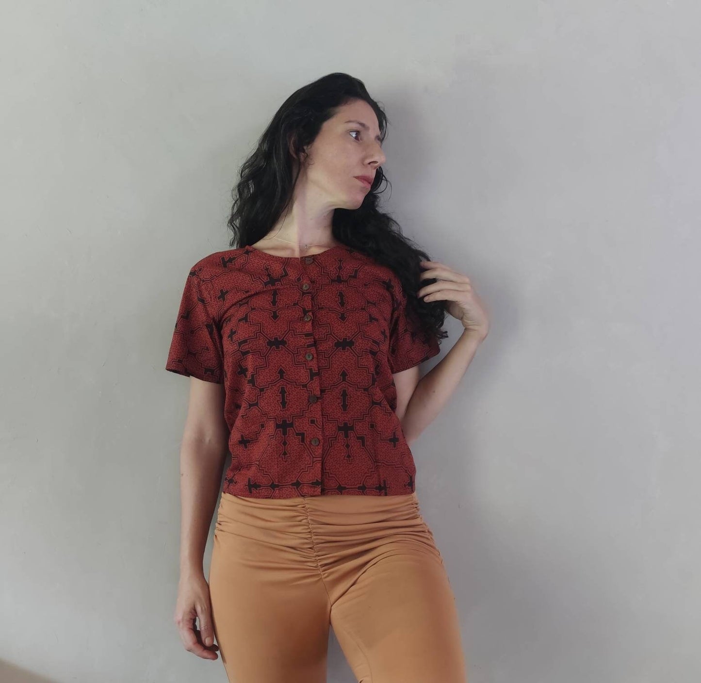 Shipibo short sleeves woman&#39;s shirt. Casual boxy tees for woman, Visionary art red shirt Sacred Geometry, Ayahuasca psychedelic cloth