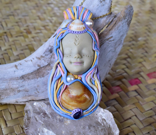 Mermaid Goddess pendant jewelry  with shells and freshwater pearls, Celtic witchcraft pagan necklace, sacred feminine