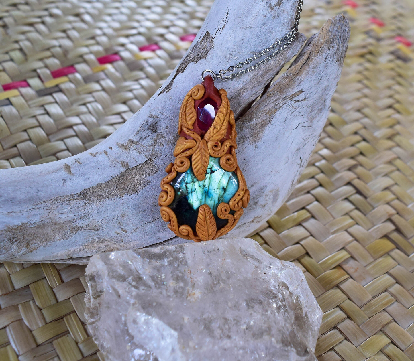 Labradorite and amethyst pendant jewelry, polymer clay jewelry, Celtic witchcraft pagan necklace