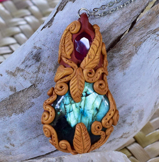 Labradorite and amethyst pendant jewelry, polymer clay jewelry, Celtic witchcraft pagan necklace