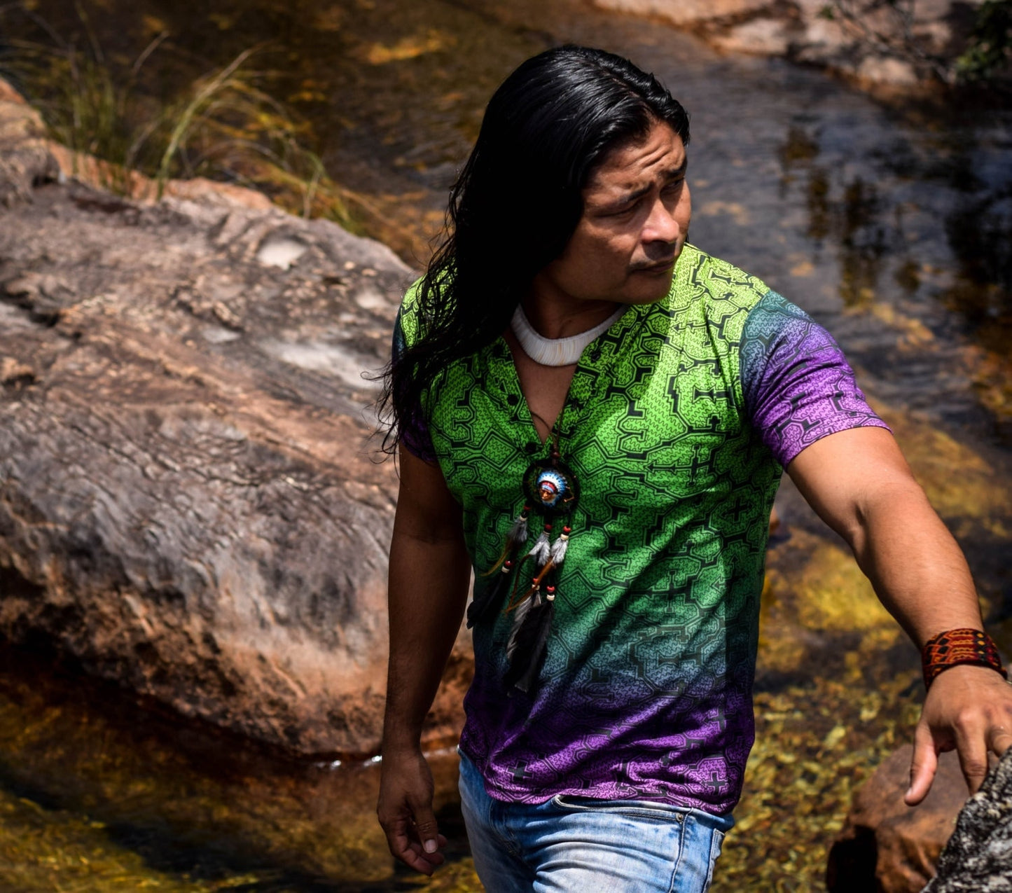 100% cotton green t-shirt featuring mesmerizing Sacred Geometry Shipibo art – where comfort meets mysticism."