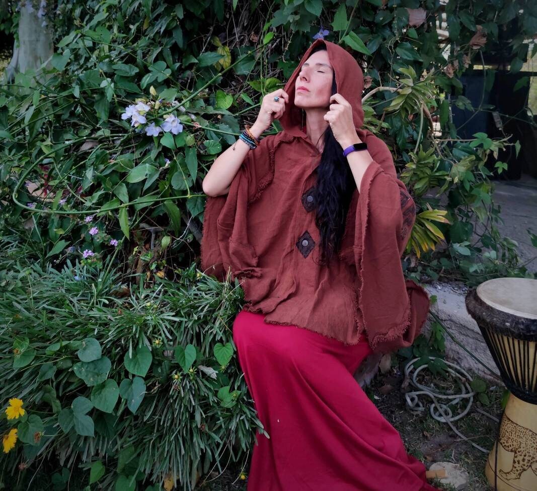 Elven Fairy medieval hooded cape, Wicca terracotta hooded midi vest cape, boho psy trance festival clothes, goddess wearing