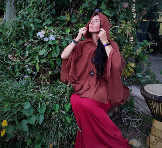 Elven Fairy medieval hooded cape, Wicca terracotta hooded midi vest cape, boho psy trance festival clothes, goddess wearing