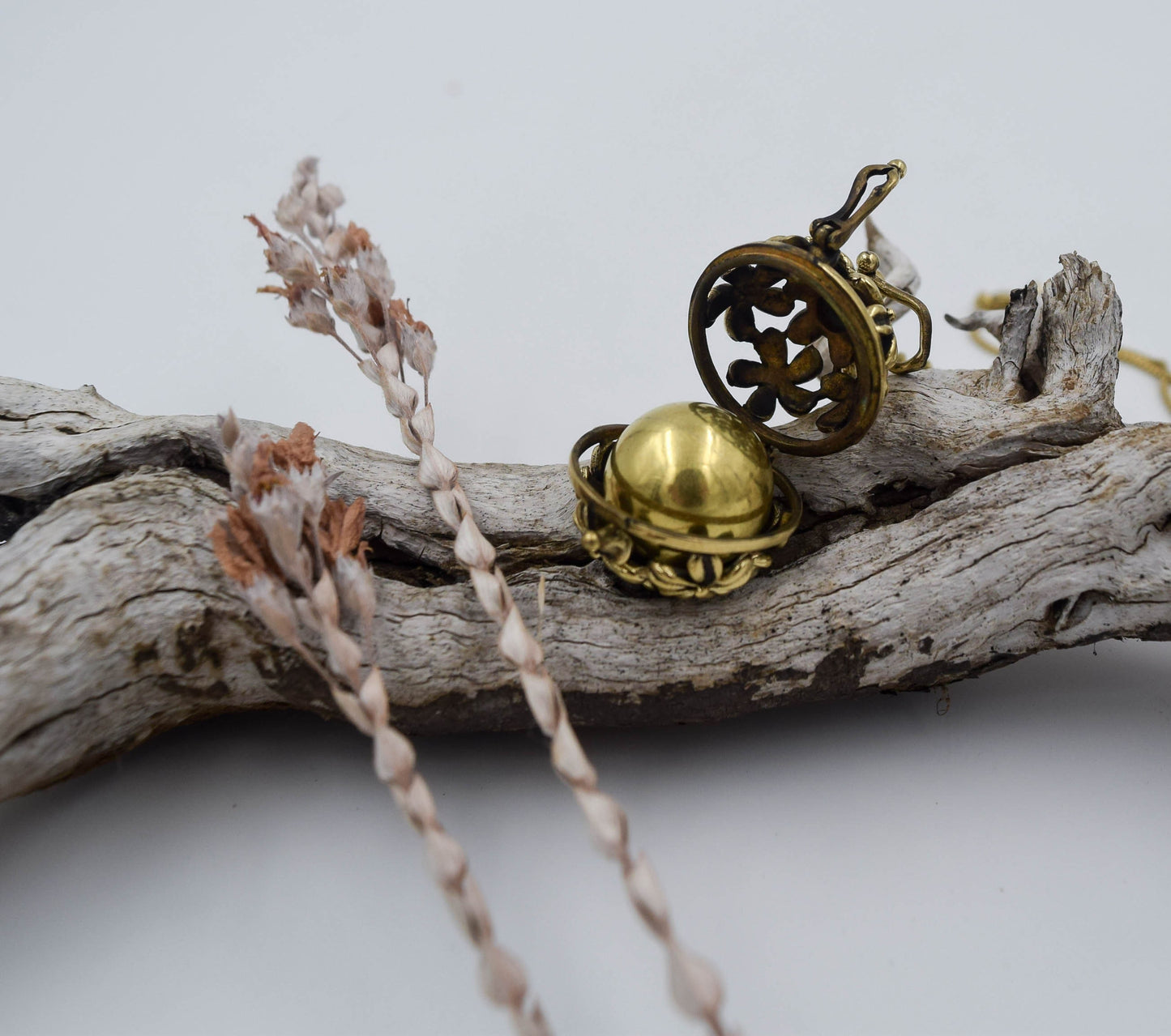 Pregnancy maternity bolas, Round locked box, brass gold pendant + chain, bolas pendant, Baby Amulet necklace