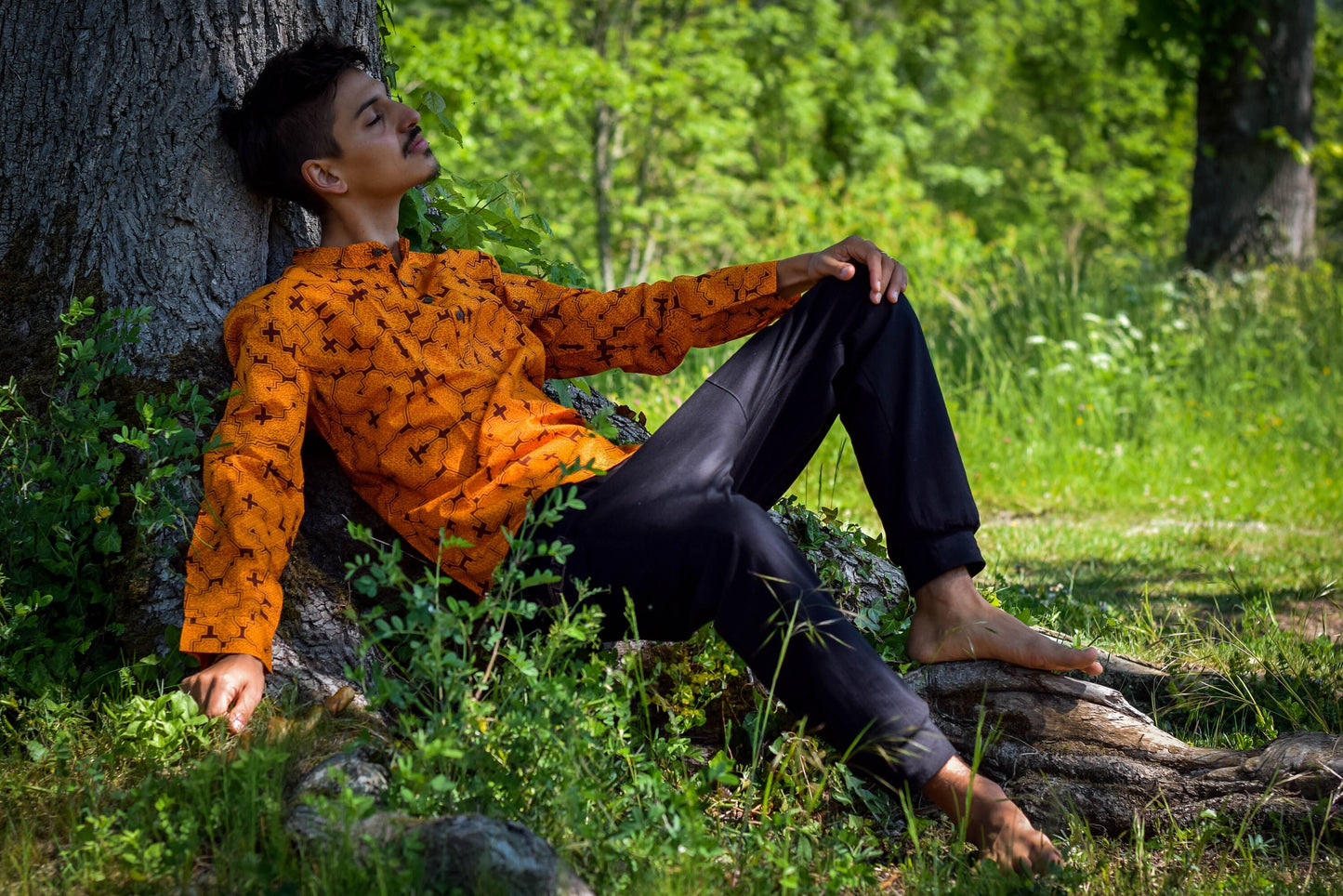 Visionary art Shipibo shirt, orange long sleeves with mandarin collar, Sacred Geometry, Ayahuasca clothes, psychedelic clothes